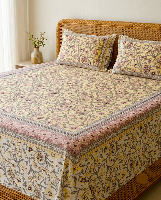 Phooljaal - Yellow with Floral Jaal | Everyday Cotton Bedsheet
