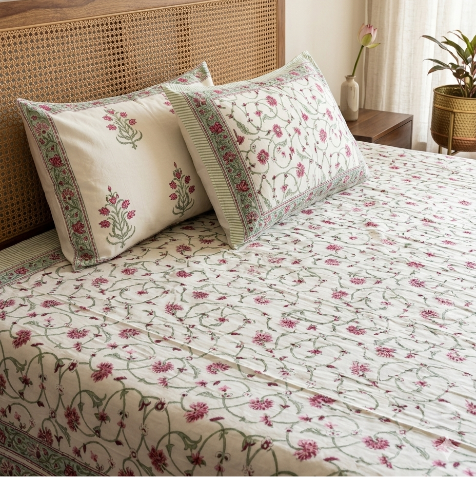 Pink Matching pillow covers with pink floral motifs and coordinating border from the Pink Floral Arka Luxe Cotton bedsheet set.