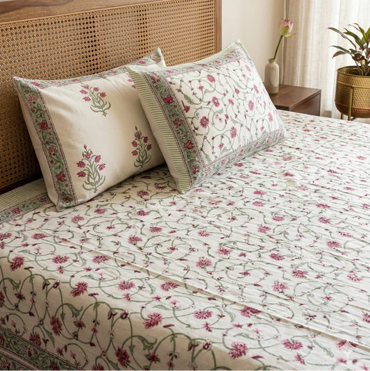 Pink Matching pillow covers with pink floral motifs and coordinating border from the Pink Floral Arka Luxe Cotton bedsheet set.