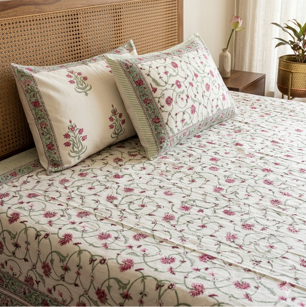 Pink Matching pillow covers with pink floral motifs and coordinating border from the Pink Floral Arka Luxe Cotton bedsheet set.