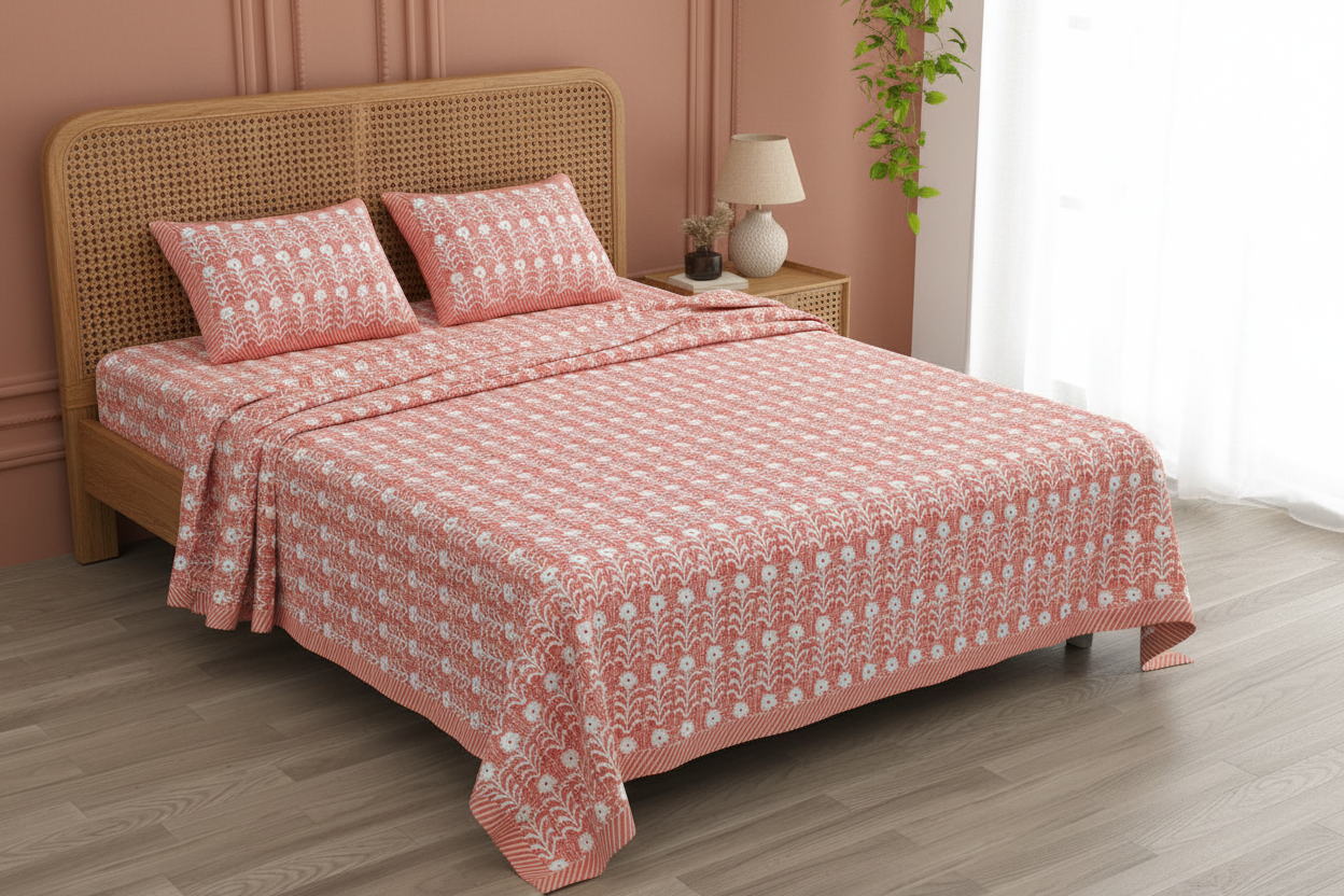 Nutan - peach and white colour | Everyday 100%cotton bedsheet |Super king