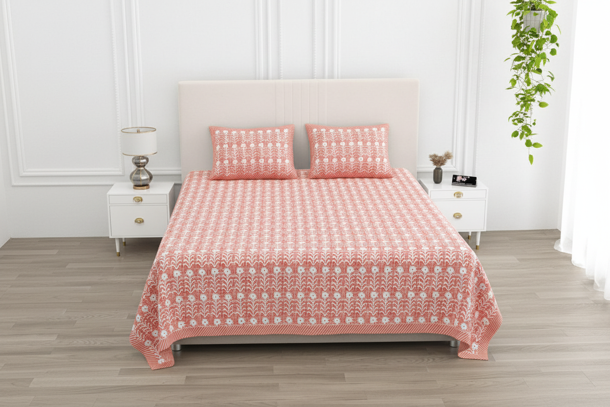 Nutan - peach and white colour | Everyday 100%cotton bedsheet |Super king