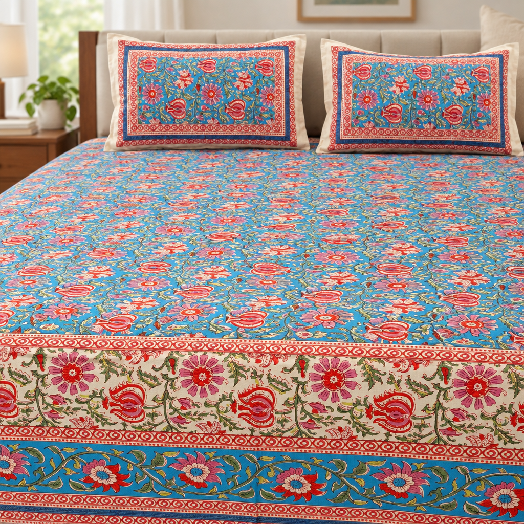 Raag Blue bedsheet print close view