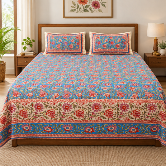 Raag Blue bedsheet styled with rug and wall art