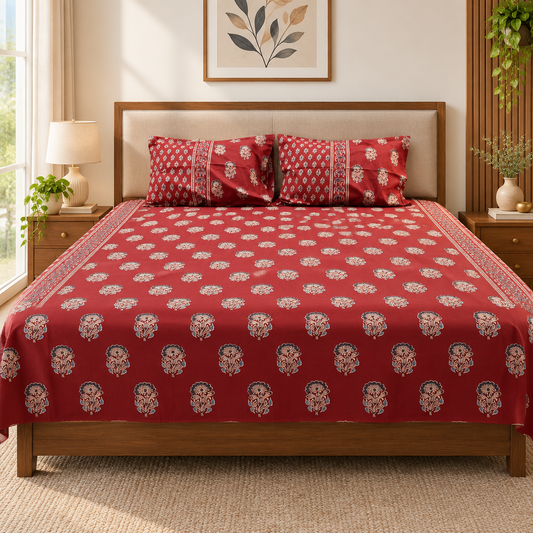 Raj Red bedsheet styled with rug and wall art