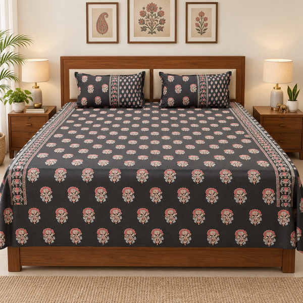 Rajwadi - Charcoal Black | Discharge Print Bedsheet | Super King
