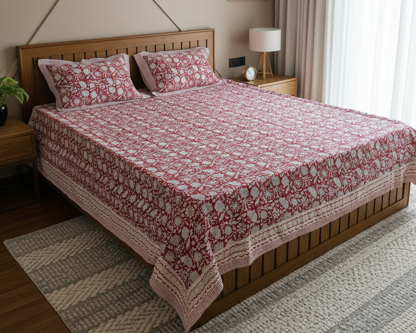 Kalakriti Red Floral Arka Luxe Cotton Super King Bedsheet with handblock-inspired ivory floral jaal print and matching pillow covers