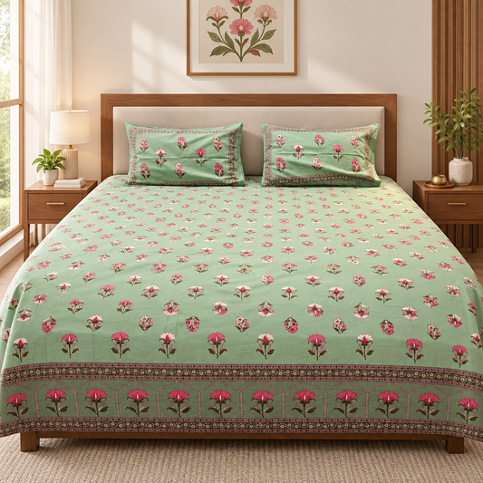 Sage-green floral bedsheet styled with rug and wall art