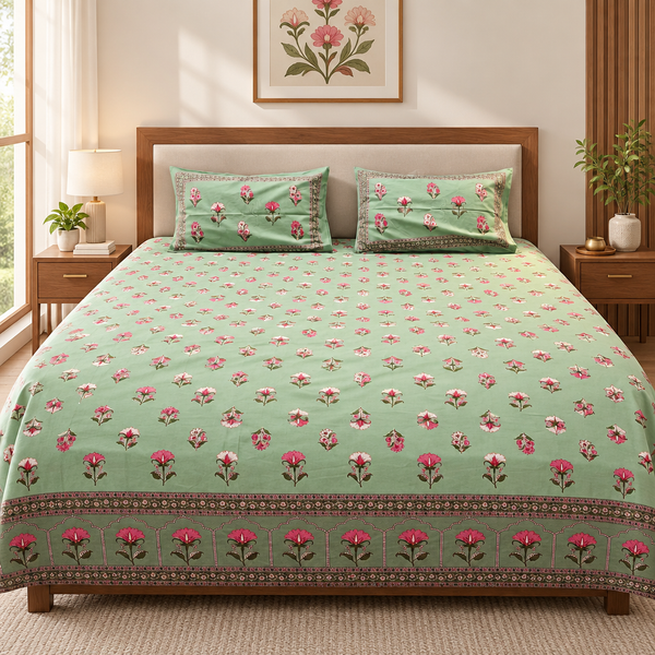 Taru - Sage Green and Pink Floral | Discharge Print Bedsheet | Super King