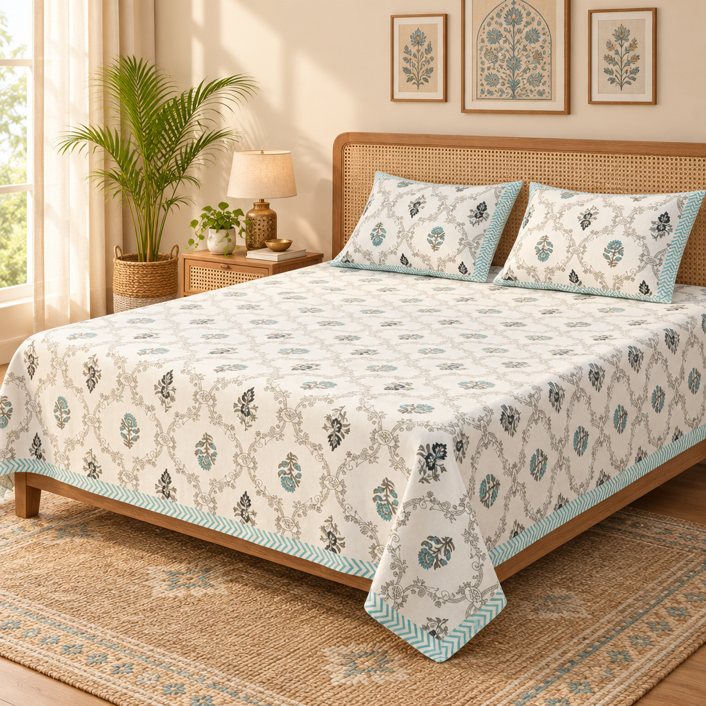 Savera Blue bedsheet styled with rug and wall art