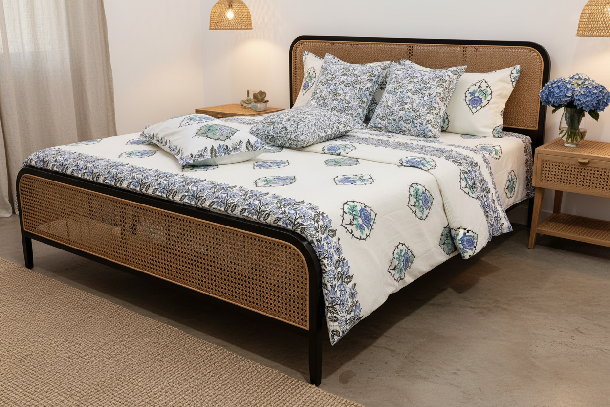 Side Look - Cane Bed with Blue Gulab Bedsheet