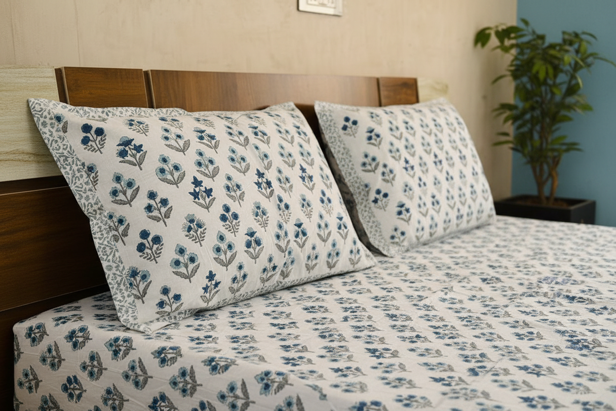 Side View Focus on Bedsheet & Pillows - Blue Floral Bouquet