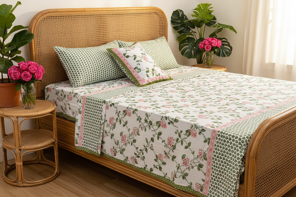 gulmohar- pink and green |Every day 100% cotton bedsheet | king size