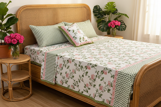 Gulmoohar Pink and Green cotton bedsheet, view 2