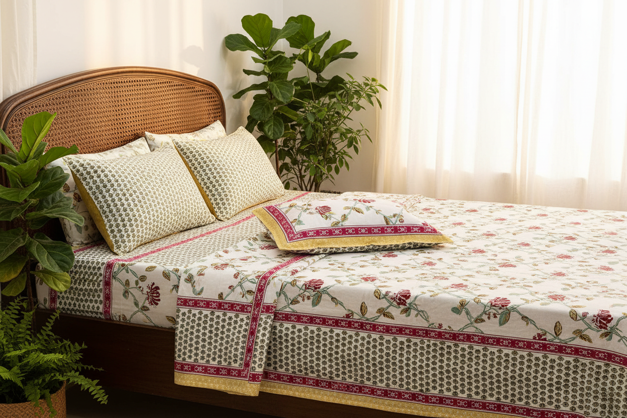 Gulmoohar | White, Red and Green |Everyday 100% pure Cotton Bedsheet | King Size