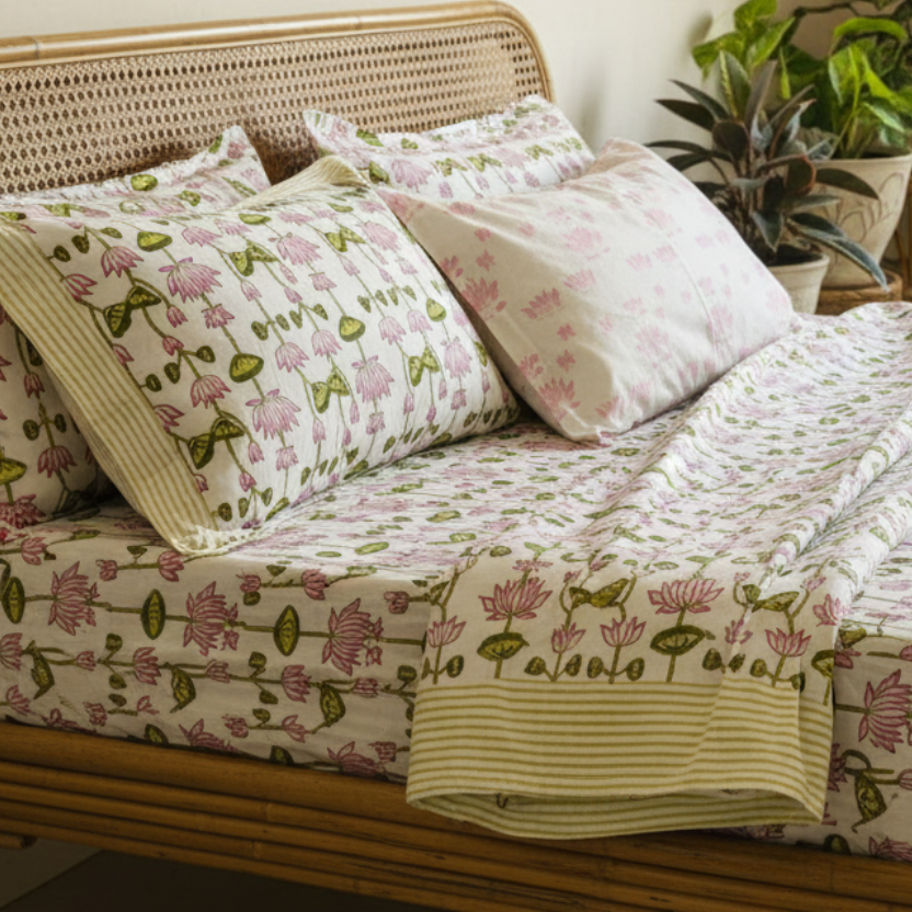 Side View - Kamli Bedsheet on Cane Bed