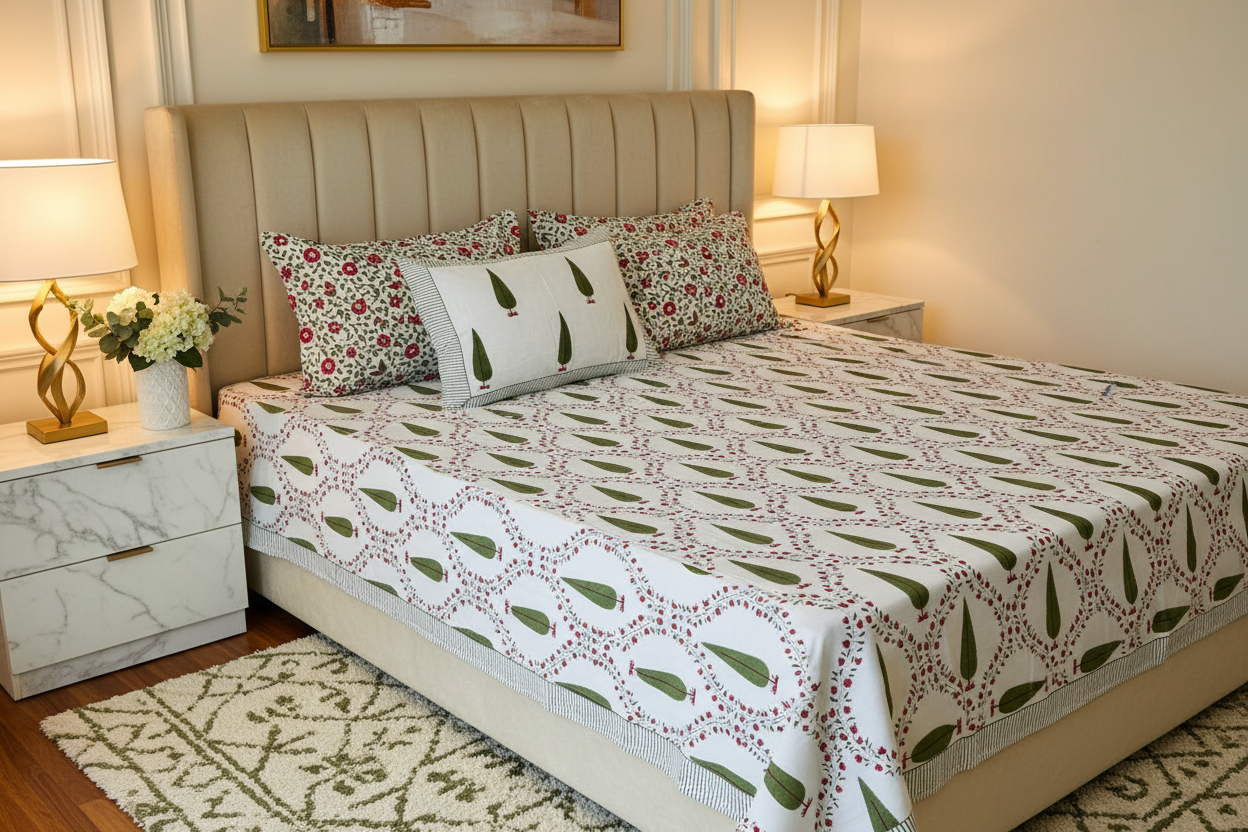 Side View Luxury Room - Green Cypress Tree Block Print
