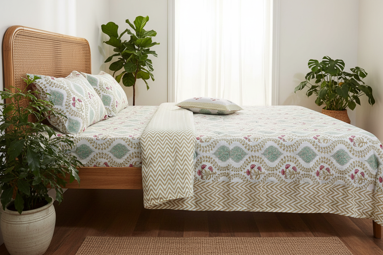Megha- Teal green and pink |Everyday 100% cotton bedsheet | king size