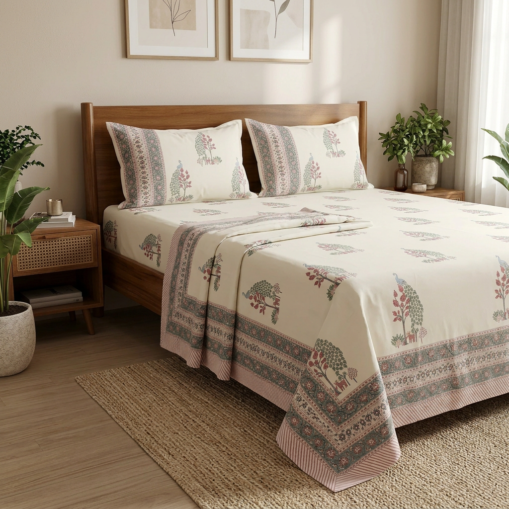 Side view of the bedsheet in the styled bedroom