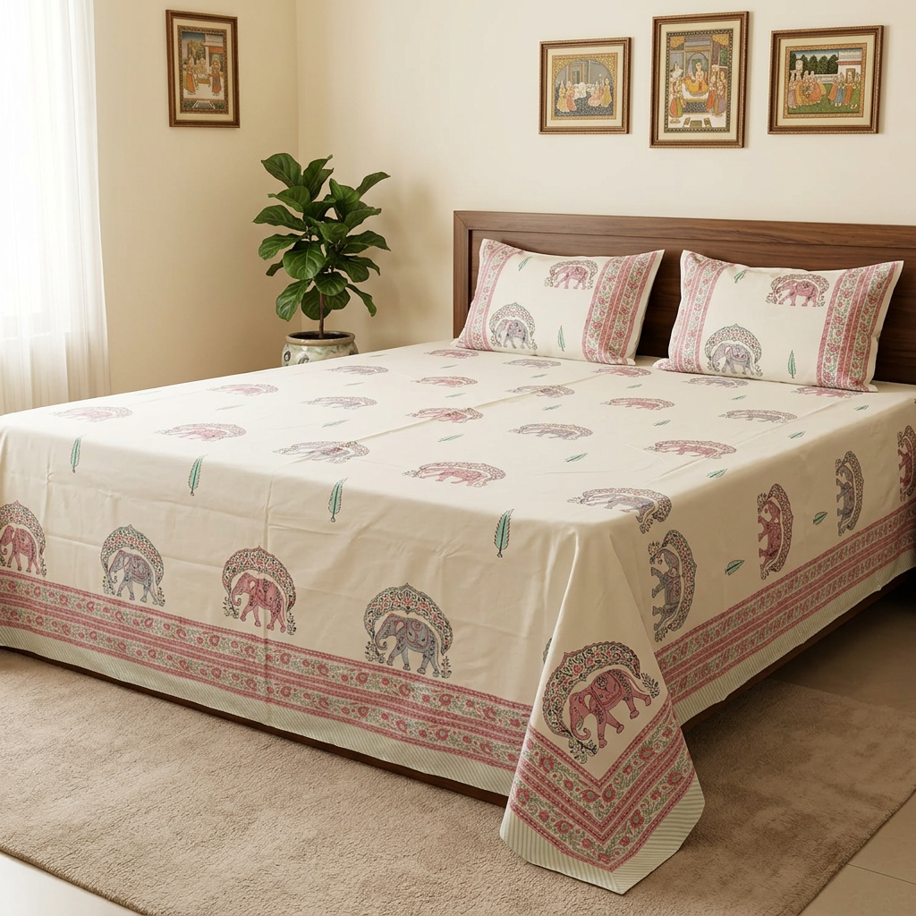 Side view of the elephant-print bedsheet in a luxurious room with traditional wall art