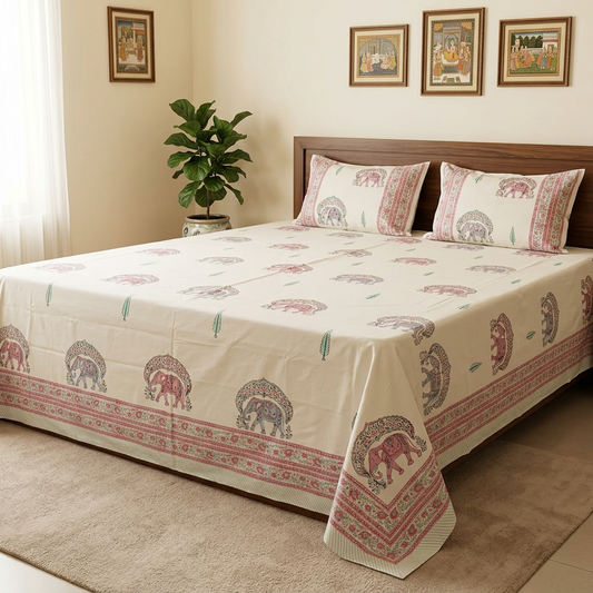 Side view of the elephant-print bedsheet in a luxurious room with traditional wall art