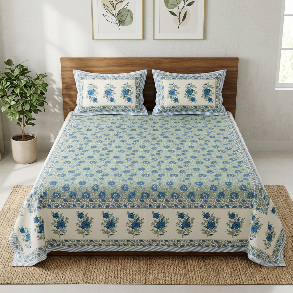 Straight-on front view of blue-and-green bedsheet