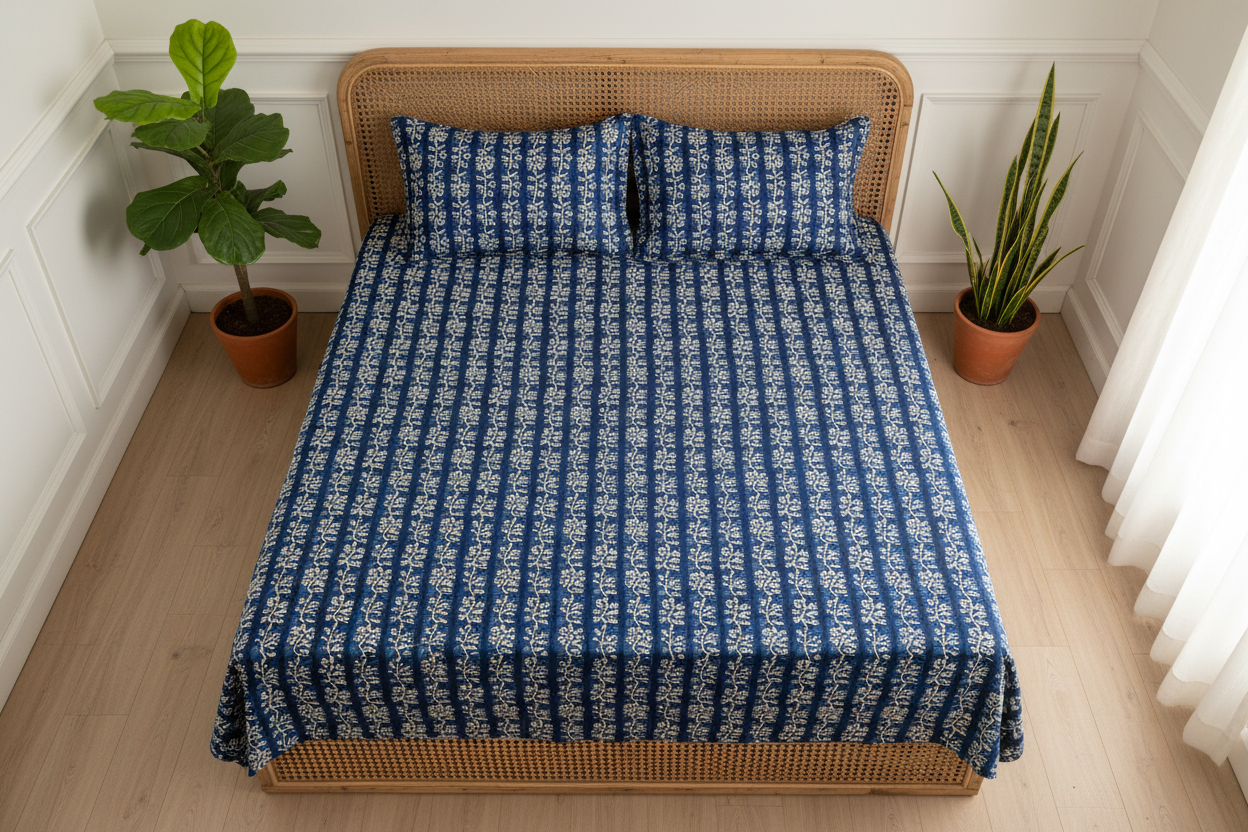 Nutan - Indigo blue and white | Everyday 100% cotton bedsheet |super king size