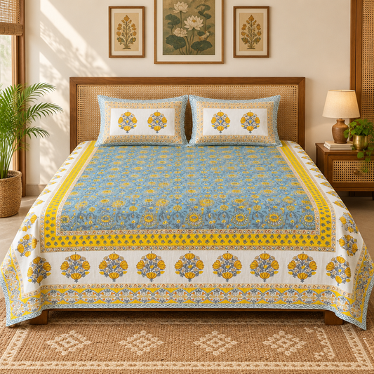 Veena bedsheet styled on an elegant bed with rug and wall art