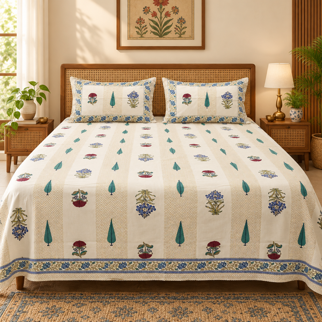 Tarang Blue and Cream cotton bedsheet