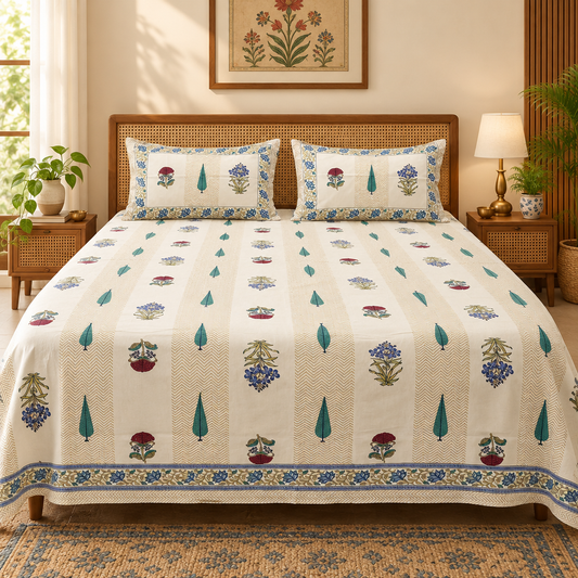 Wave Cream bedsheet styled on an elegant bed with rug and wall art