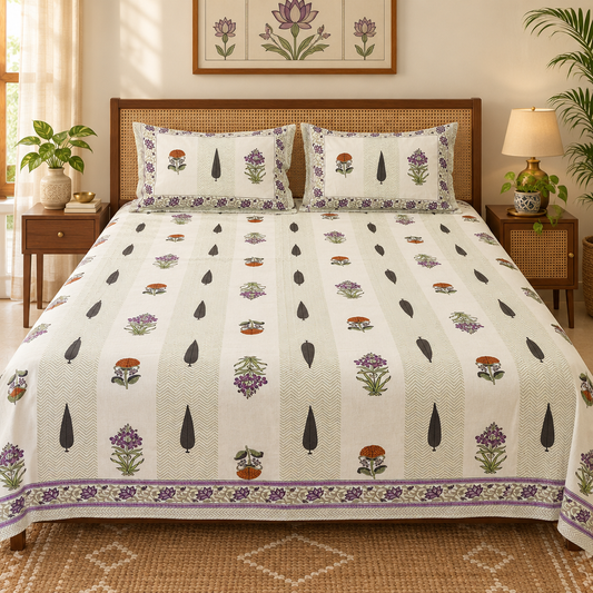 Wave Purple bedsheet styled on an elegant bed with rug and wall art
