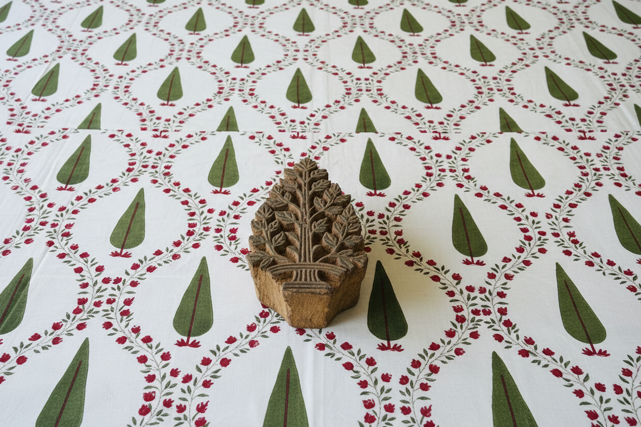 Wooden Block Print Stamp on Green Cypress Bedsheet