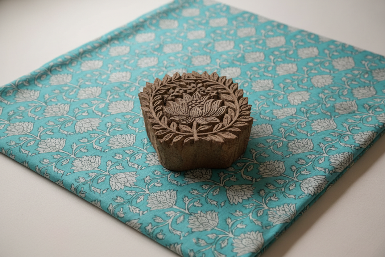 Wooden Block Print Stamp on Teal Bedsheet