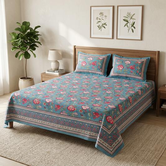 Your bedsheet styled in a bedroom with wall art, a neutral rug, and plants