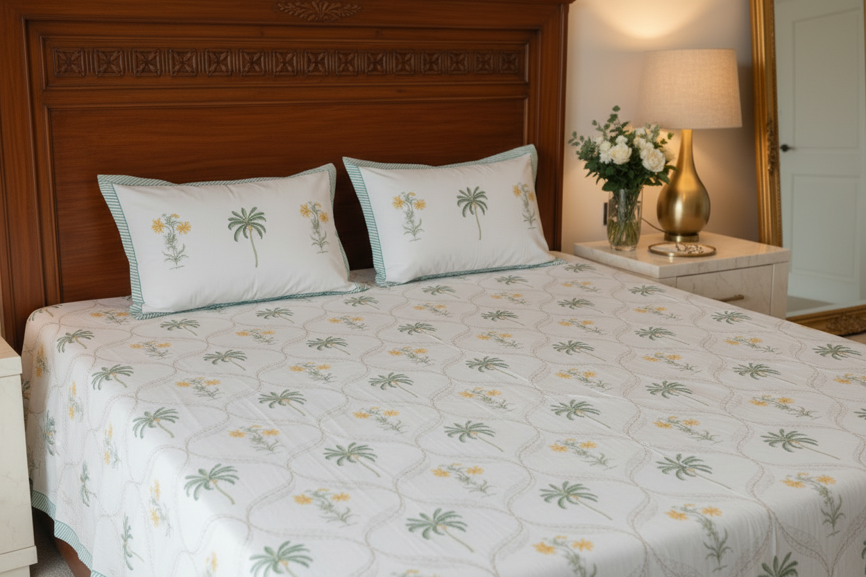 Mughal Kali - Palm Tree and Yellow Flower Everyday Cotton Bedsheet